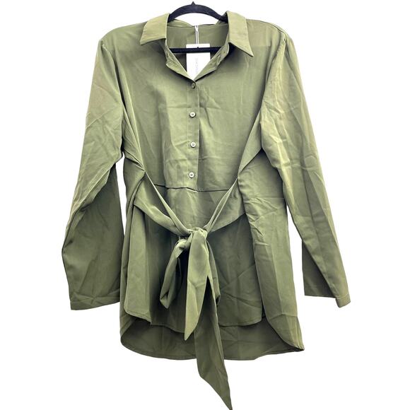 Bloomchic Collared Button Down Long Sleeve Shirt with Belt Olive 14-16 1X NWT - Picture 1 of 3